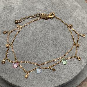 Panama Jack Gold Tone Crystal Chain Ankle Bracelet Womens Adjustable 8”-10”